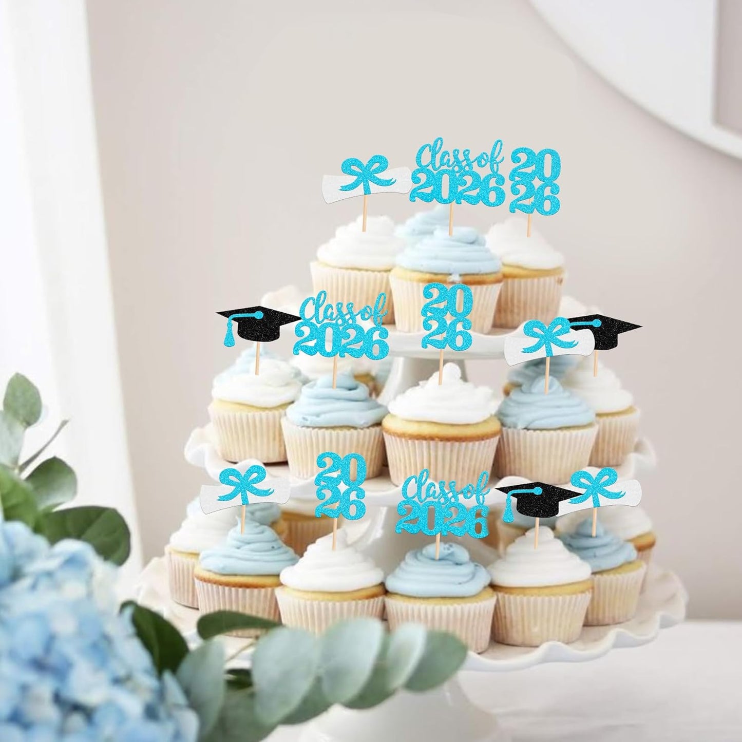 36 PCS 2026 Graduation Theme Cupcake Toppers Glitter Class of 2026 Grad Cap Diploma Cupcake Picks 2026 Graduation Theme Party Cake Decorations Supplies Deep Blue