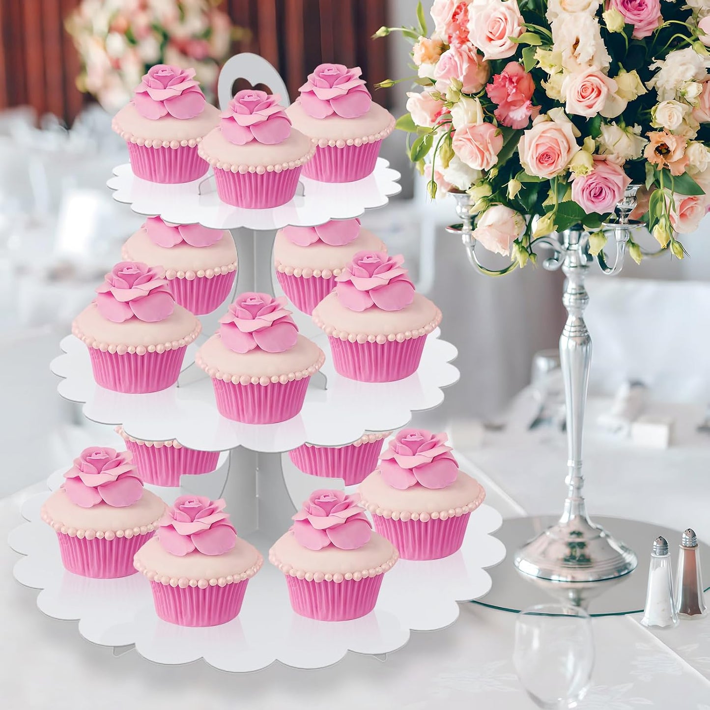 White Cupcake Stand Tower, 3-Tier Cardboard Dessert Display with Heart Handle,Perfect for Birthday Baby Shower Wedding Tea Party Graduation, Easy 60-Second Assembly, Holds 12+Cupcakes (1-Pack)