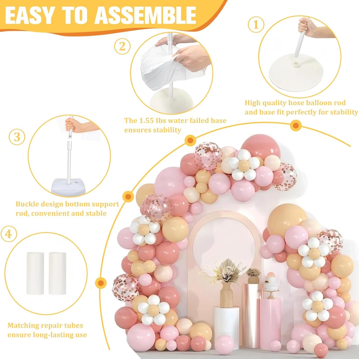 Bazen Upgraded 8.2ft & 5ft Balloon Arch Kit Glod Free Bending Shape Deformation Balloon Column Stand Half Arch Balloon Stand with Base Balloon Arch Frame for Wedding Baby Shower Birthday Decoration