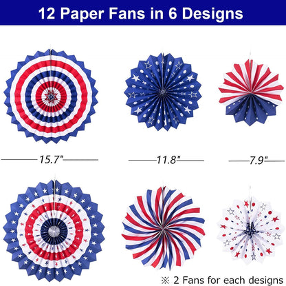 4th of July Patriotic Decorations - 12Pcs Hanging Paper Fan for USA Patriotic Decorations Independence Day Memorial Day American Theme Party Veterans Birthday Decor Supplies