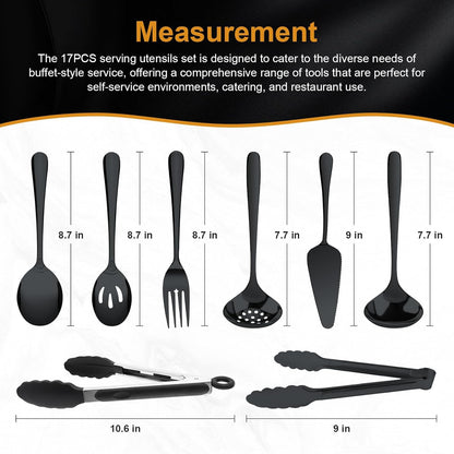 17PCS Serving Utensils Set Flatware, Stainless Steel Serveware Large Serving Spoons, Slotted Spoons, Forks, Tongs, Cake Server,Soup and Skimmer Spoon for Buffet, Catering, Party, Dinner (Silver)