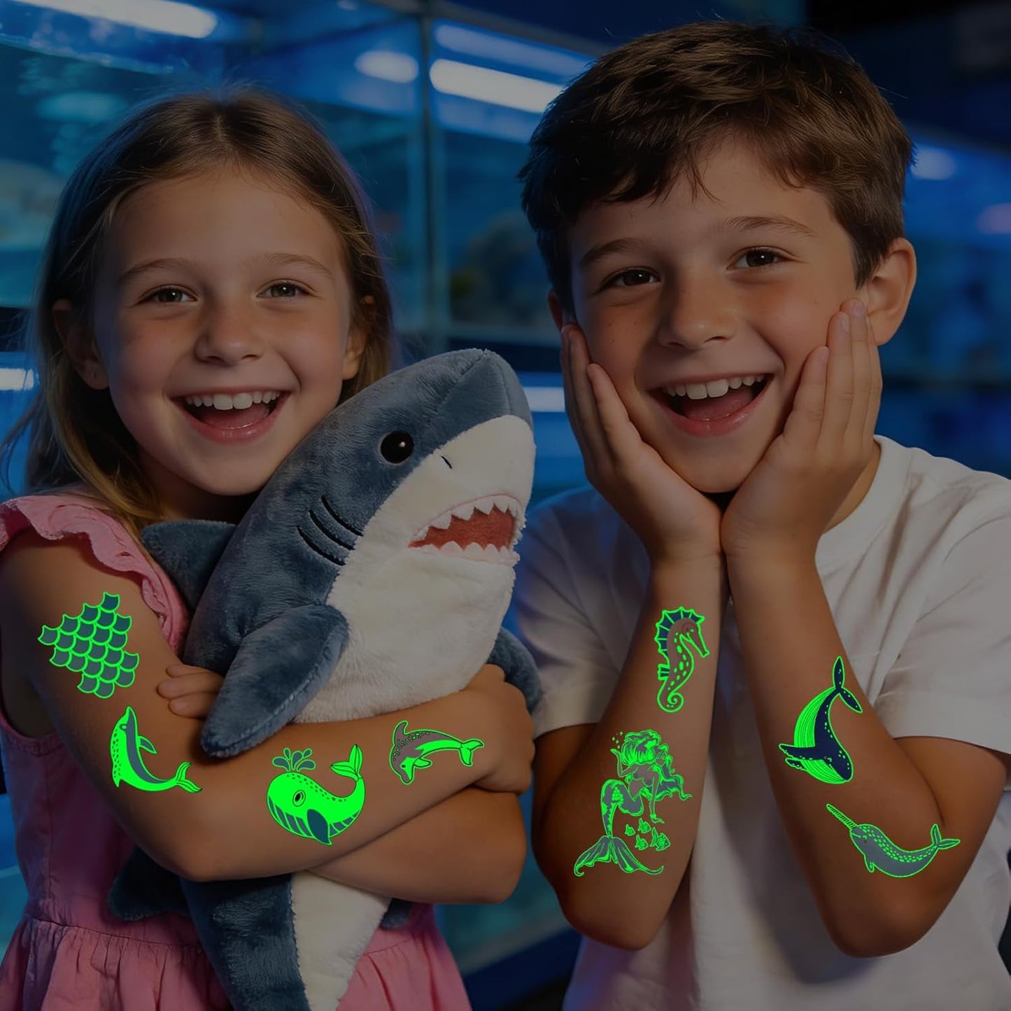 Partywind 380 Styles (30 Sheets) Luminous Tattoos for Kids, Mixed Styles Temporary Tattoos Stickers with Mermaid/Dinosaur/Space/Pirate for Boys and Girls, Glow Party Supplies