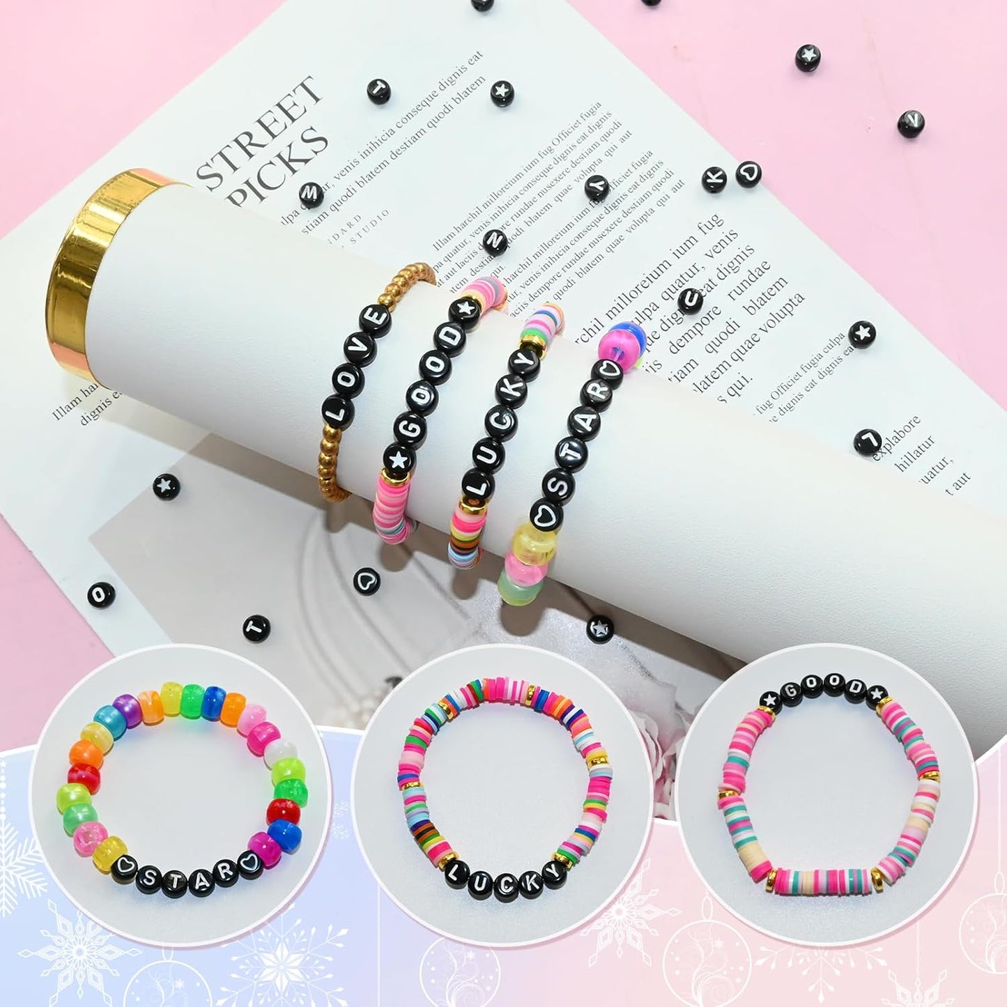 Amaney 1400pcs Glow Letter Beads, Heart Beads Whit Elastic Beading Cord,4x7mm Round Acrylic Alphabet Beads for Friend Bracelet Jewelry Making