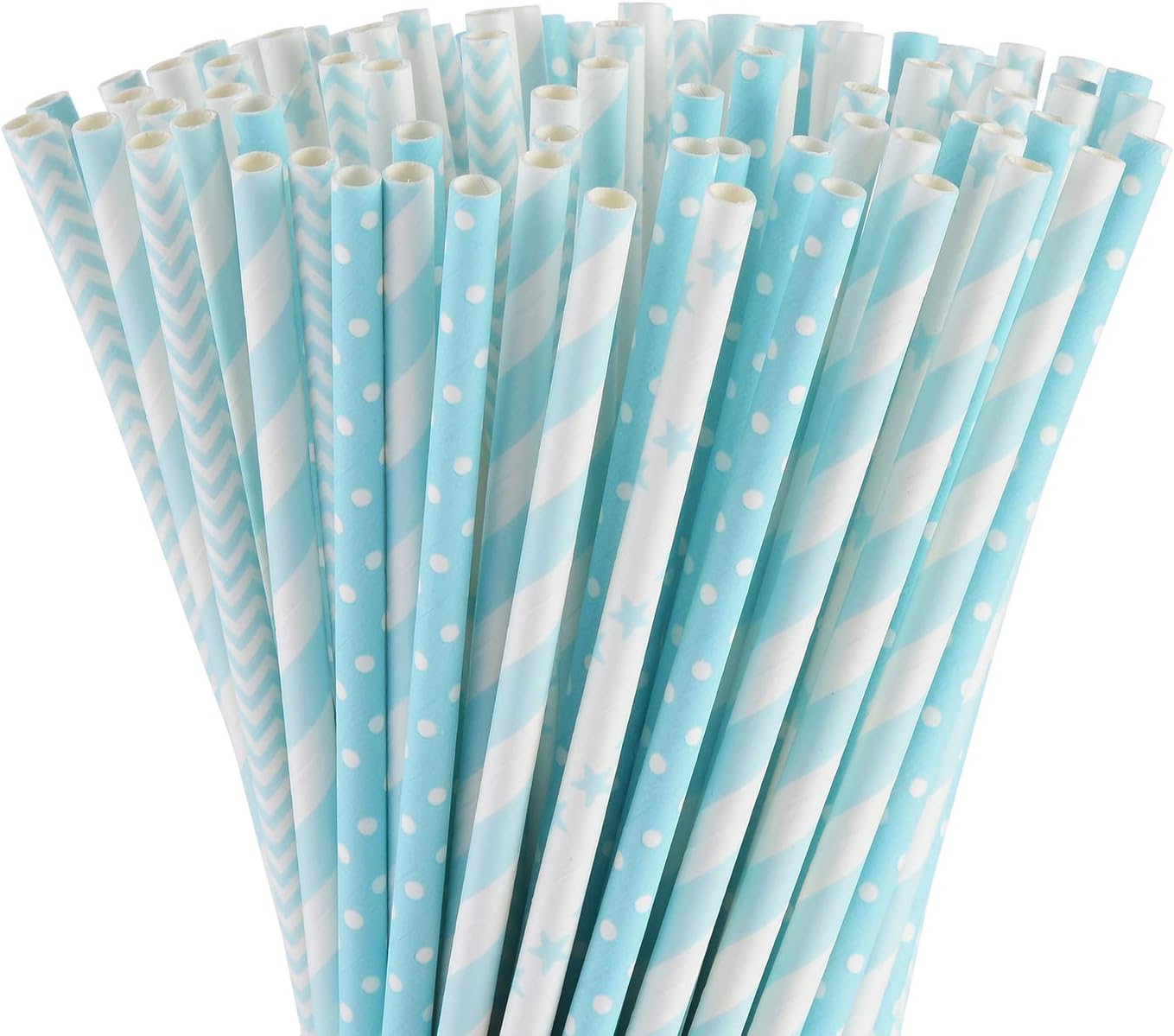 ALINK Biodegradable Light Blue White Paper Straws, Pack of 100 Party Straws for Juice, Cocktail, Smoothies, Birthday, Wedding, Bridal/Baby Shower and Christmas Decorations Supplies