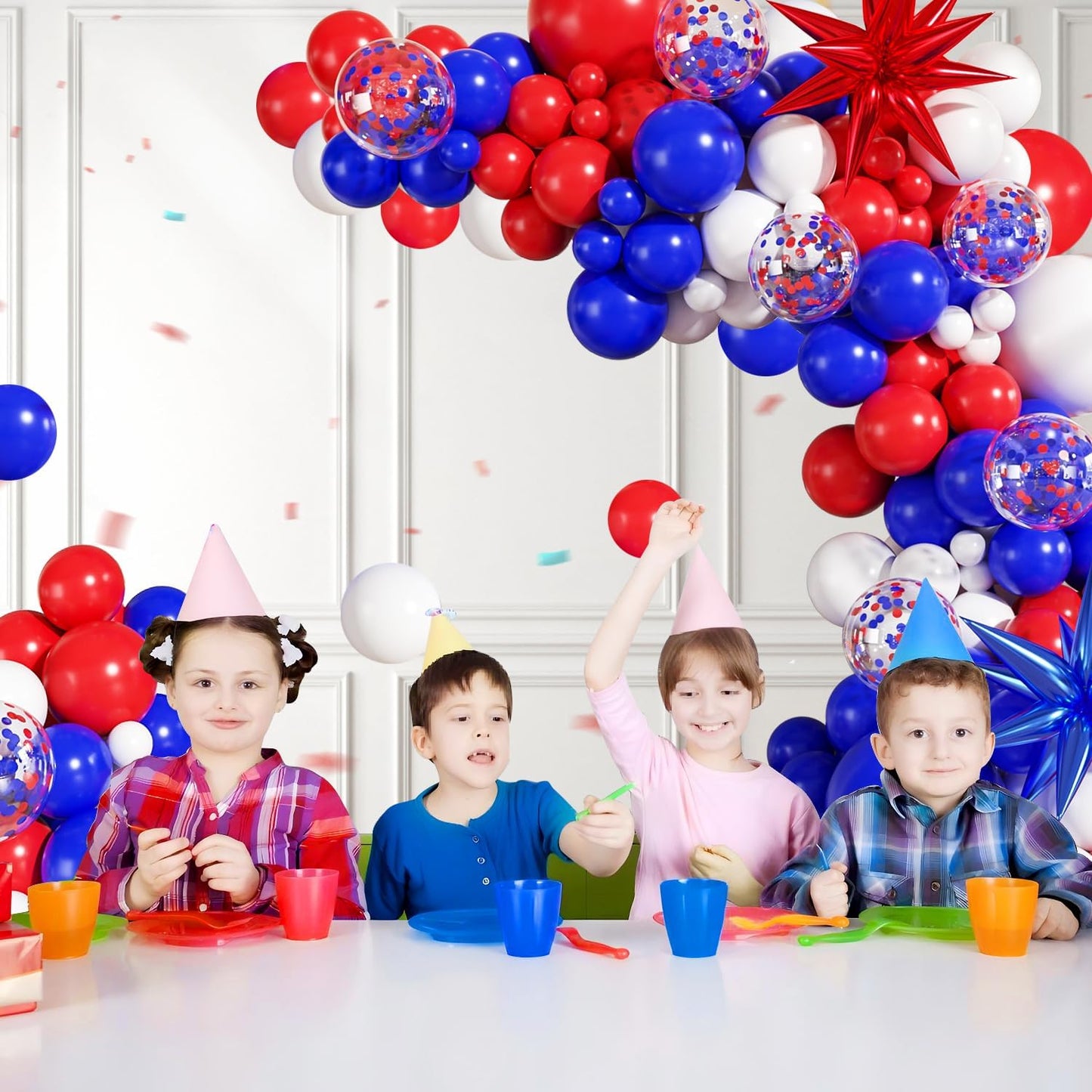 Blue White Silver Balloon Garland Arch Kit, 140Pcs Navy Light Metallic Blue Silver White Confetti Balloons With Stars for Birthday Wedding Birdal Shower Graduation Fathers Day Party Decorations