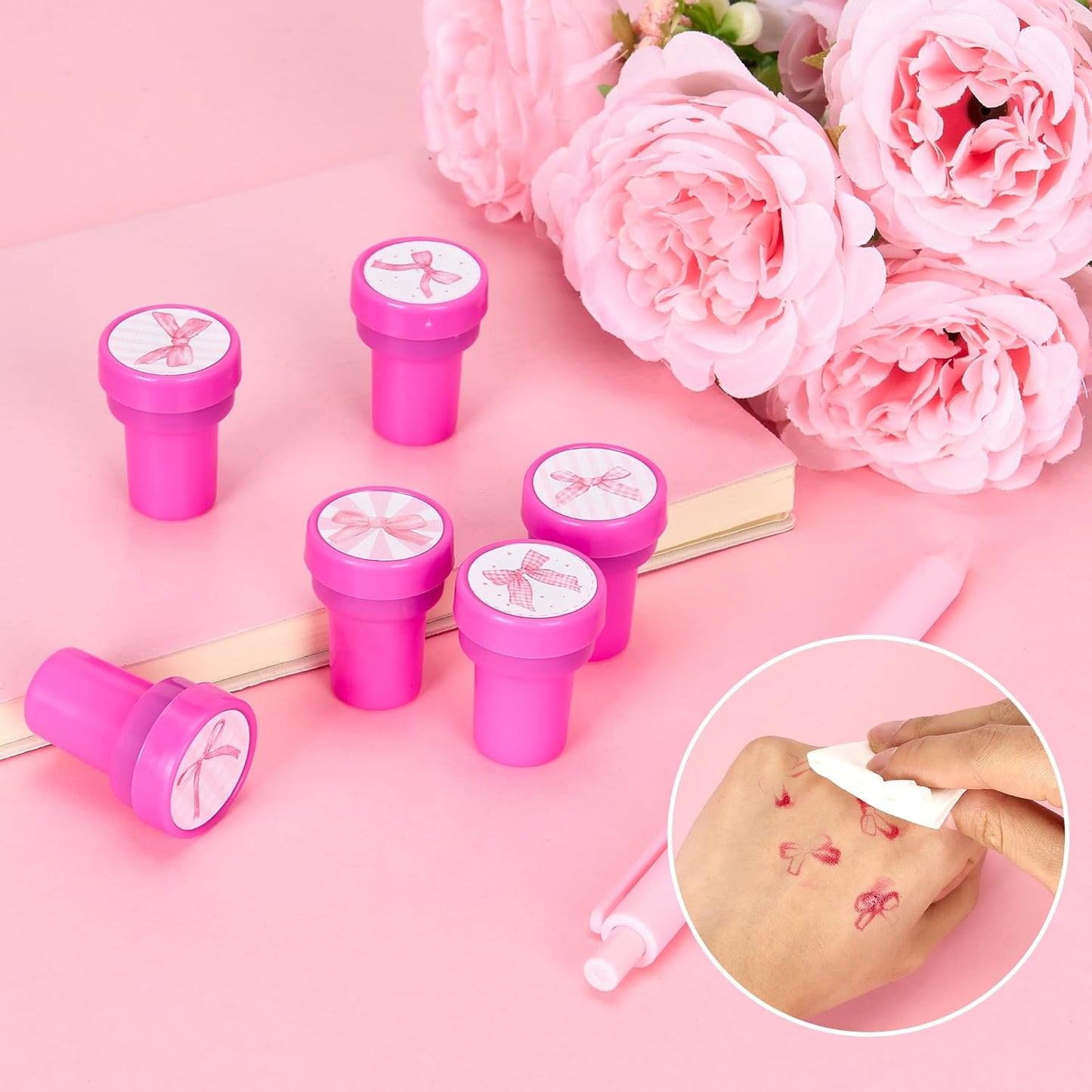 24-Pack Pink Bow Stampers – Pre-Inked Decorative Stamp Set for Coquette Birthday Favors, Event Giveaways, Scrapbooking & DIY Craft Projects
