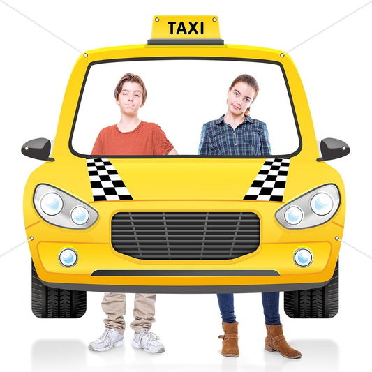 Fabric 59 x 54.5 Inch Car Themed Party Decoration Taxi Themed NYC Photo Booth Yellow Cab Background Taxi Selfie Backdrop Black and White Checkered Decor for Birthday Baby Shower Party Supplies