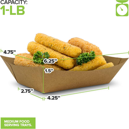 [250 Pack] Medium Disposable Brown Kraft Paper Food Trays, 1-Lb Concession Tray, Serving Boats for Party Snacks, Taco Bar, Seafood, Nachos Plates