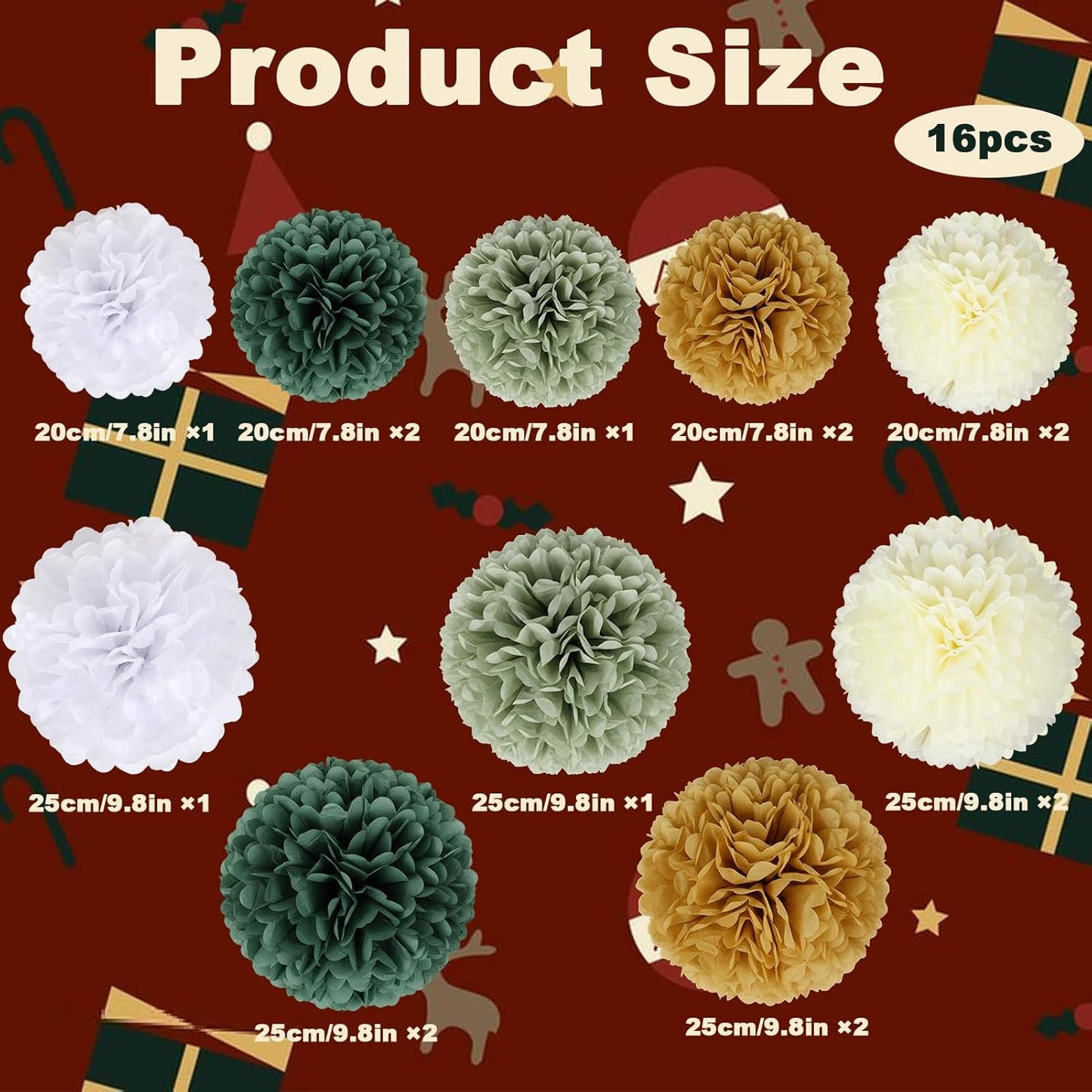 BestoFun 16 PCS Sage Green Party Decorations Tissue Paper Flowers Christmas Party Decors Hanging Pom Poms Decorations for Xmas New Year Winter Holiday Decorations