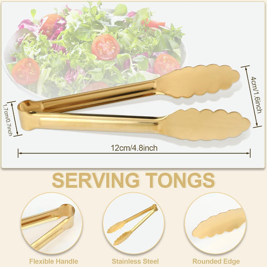 Sunenlyst 4 Pack Gold Buffet Tongs, 9 Inch Stainless Steel Serving Tongs for Food, Salad, Steak, Appetizer, Snack and Small Food (GOLD, 9INCH)