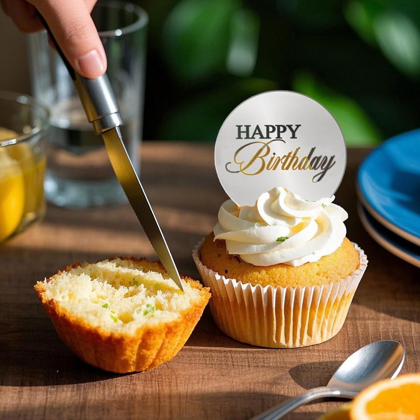 20pcs Gold Mirror Acrylic Happy Birthday Cupcake Toppers Round Engraved Cake Picks Happy Birthday Cake Toppers for DIY Birthday Gift Flower Bouquet Pastries Desserts Decor