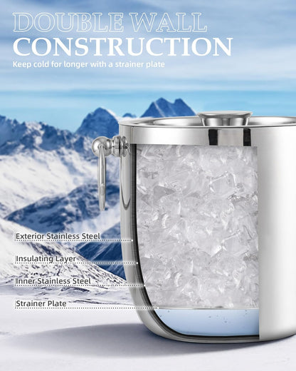 Insulated Ice Bucket, 3L Double Wall Stainless Steel Ice Bucket with Tongs,Lid, Scoop and Strainer, Ice Buckets for Parties,Cocktail Bars, Chilling Beer, Champagne, Wine Bottles,Wood