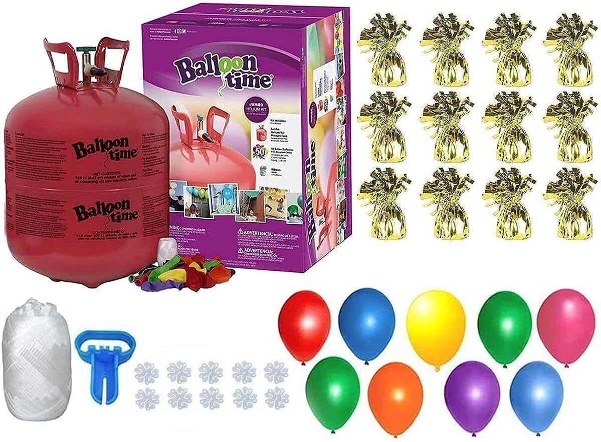 Helium Tank for Balloons At Home, 50 Balloons and White Ribbon, 12 Black Balloon Weights, Plus Balloon Tying Tool