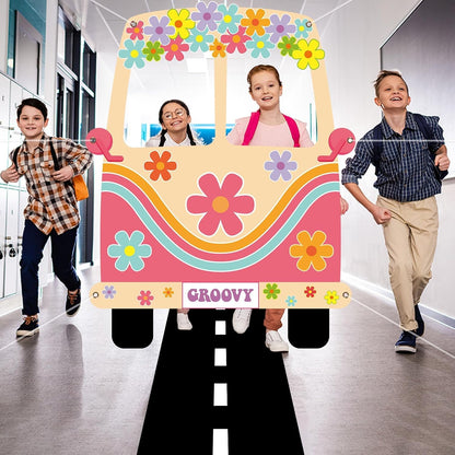 2 Pcs Hippie Bus Photo Booth Prop Road Floor Runner Set 60s 70s Retro Groovy Van Prop Large Fabric 1960s Hippie Selfie Frame Backdrop Background Banner for Daisy Birthday Party Decoration 61x47 Inch