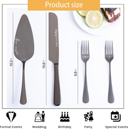 Wedding Cake Knife and Server Set with Forks, Engraved Cake Cutting Set for Wedding Anniversary Christmas Engagement（Gold