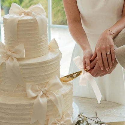 2 Pcs Bow Gold Wedding Cake Knife and Server Set Ivory White Ribbon Bow Mr Mrs Cake Cutting Set Boho Pastry Pie Server Pizza Cutter for Engagements Anniversaries Gifts for Couples