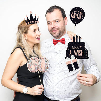 32pcs 60th Birthday Photo Booth Props for Men Women, 60 Birthday Selfie Props Kit, Classic Black Gold Happy 60th Birthday Party Supplies, Cheers to 60 Years Old Bday Decor