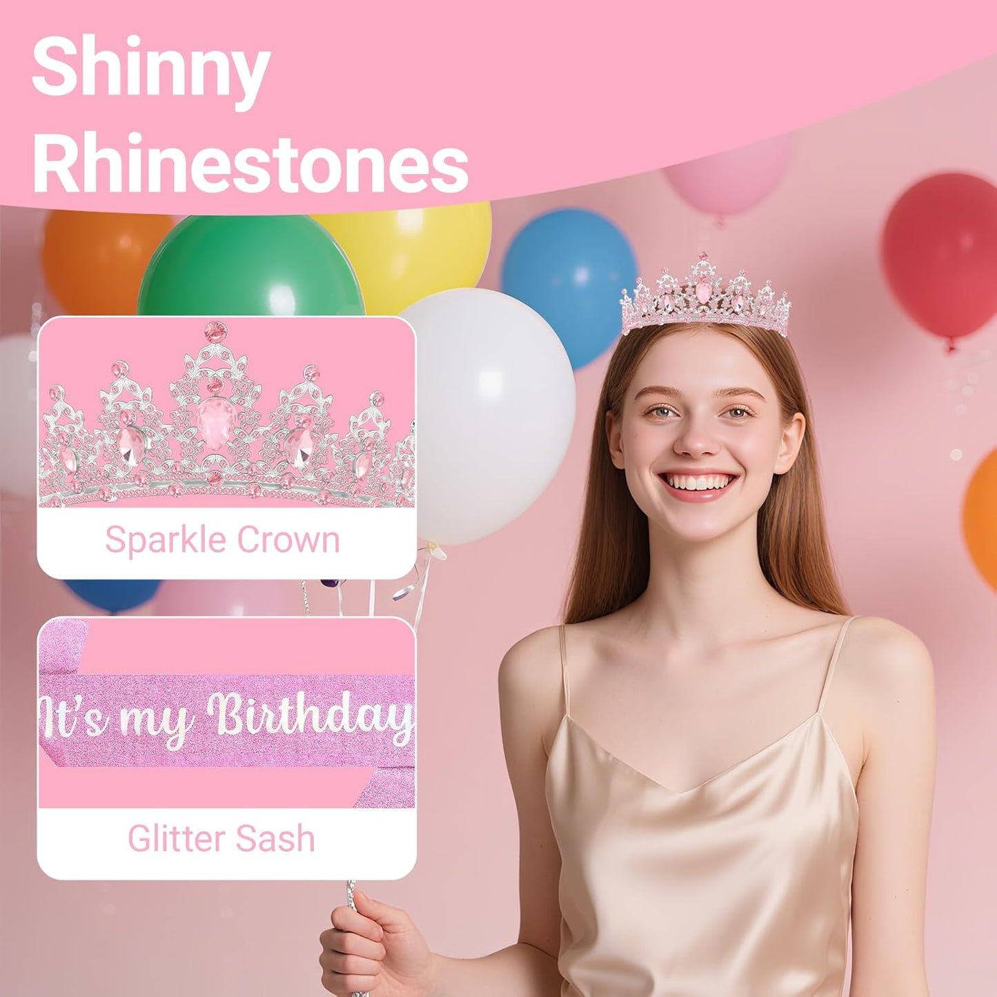 Birthday Tiara and Crown with Sash, Birthday Tiara for Women Party Silver