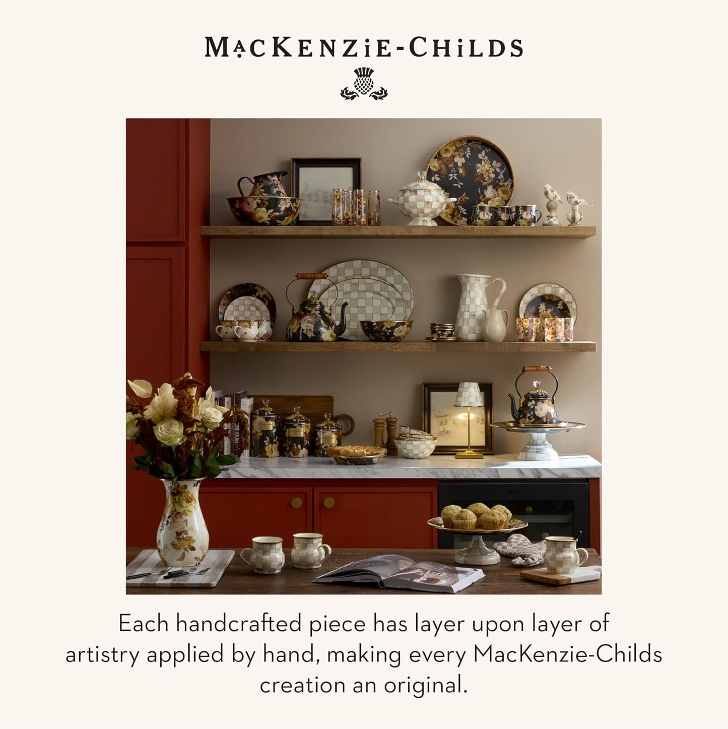 MACKENZIE-CHILDS Enamel Pedestal Platter, Round Cake Stand, Large, Black-and-White Courtly Check
