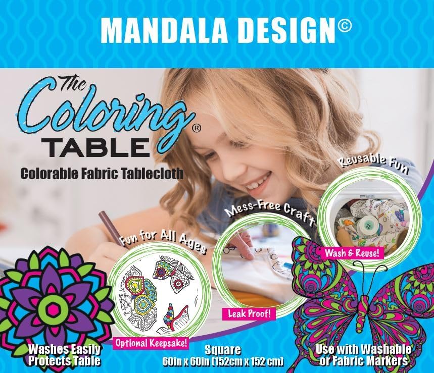 Animal Fun Design – Square Tablecloth 60”X60” – Interactive Coloring Tablecloth for Kids - Poly/Cotton Fabric – Washable and Reusable – DIY Activity for Children and Adults