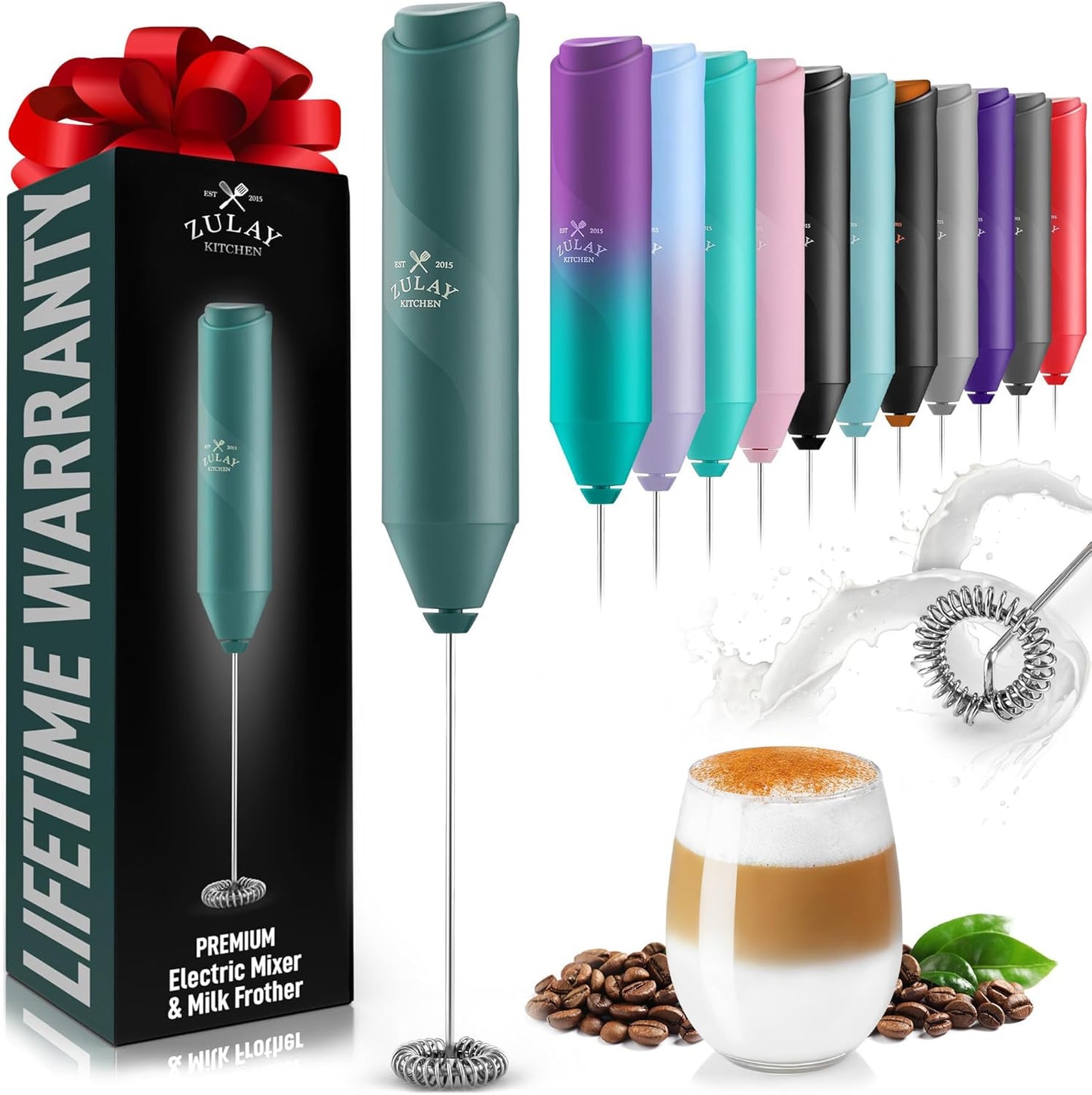 Zulay Kitchen Powerful Milk Frother AA Batteries Included – Ultra Fast Handheld Drink Mixer with Stainless Steel Whisk Stirrer for Coffee, Protein, Matcha & More, Frother Wand Electric Frothmate Black - Colors E