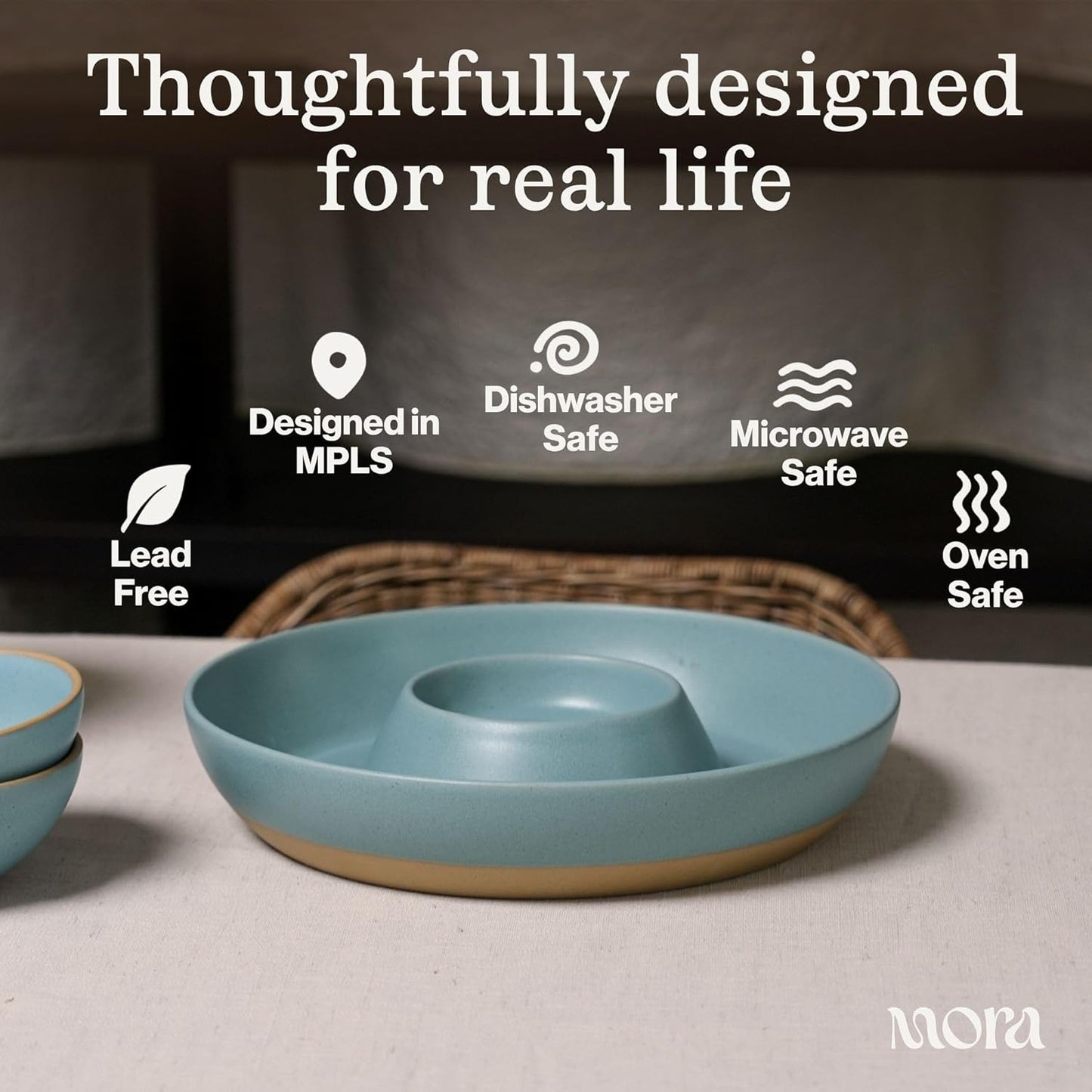 Mora Ceramic Chips and Dip Serving Tray: Large Divided Party Bowl Set for Chips & Salsa, Veggies & Dip, Fruit, Snacks, Entertaining, Hosting, etc. Minimalist Design for the Modern Hostess - White