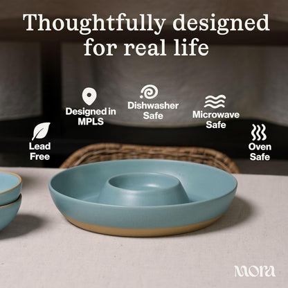 Mora Ceramic Chips and Dip Serving Tray: Large Divided Party Bowl Set for Chips & Salsa, Veggies & Dip, Fruit, Snacks, Entertaining, Hosting, etc. Minimalist Design for the Modern Hostess - White