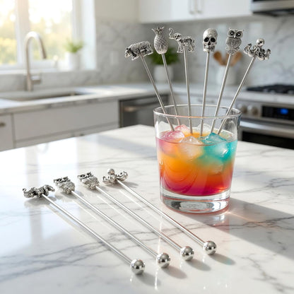 Homestia 7.5" Stainless Steel Cocktail Stirrers with Cute Animal Design, Set of 6 Reusable Swizzle Sticks for Coffee, Martini, Drinks - Dishwasher Safe Metal Bar Tools Stir Sticks