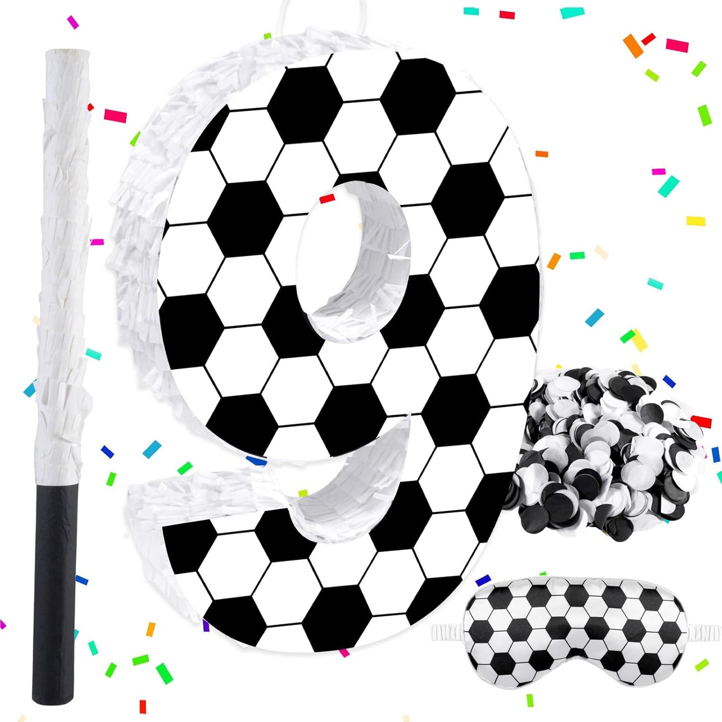 16Inch Soccer Ball Number 9 Piñata Includes Wooden Stick, Blindfold, and Confetti for for Kids 7th Anniversary Sport Themed Party Birthday Supplies