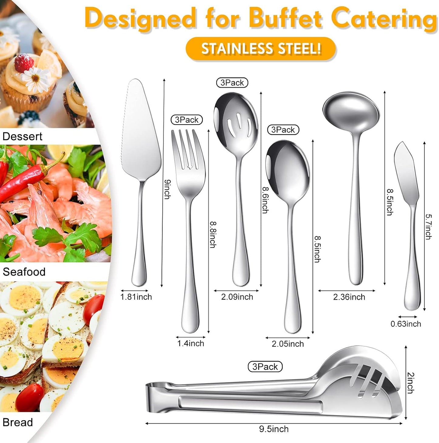 Patelai Serving Utensils Set Include Stainless Steel Large Spoons Slotted Spoons Forks Tongs Soup Ladle and Pie Server for Parties Buffet Catering, Dishwasher Safe(Silver,10 Pieces)