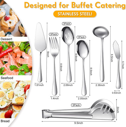 Patelai Serving Utensils Set Include Stainless Steel Large Spoons Slotted Spoons Forks Tongs Soup Ladle and Pie Server for Parties Buffet Catering, Dishwasher Safe(Silver,10 Pieces)