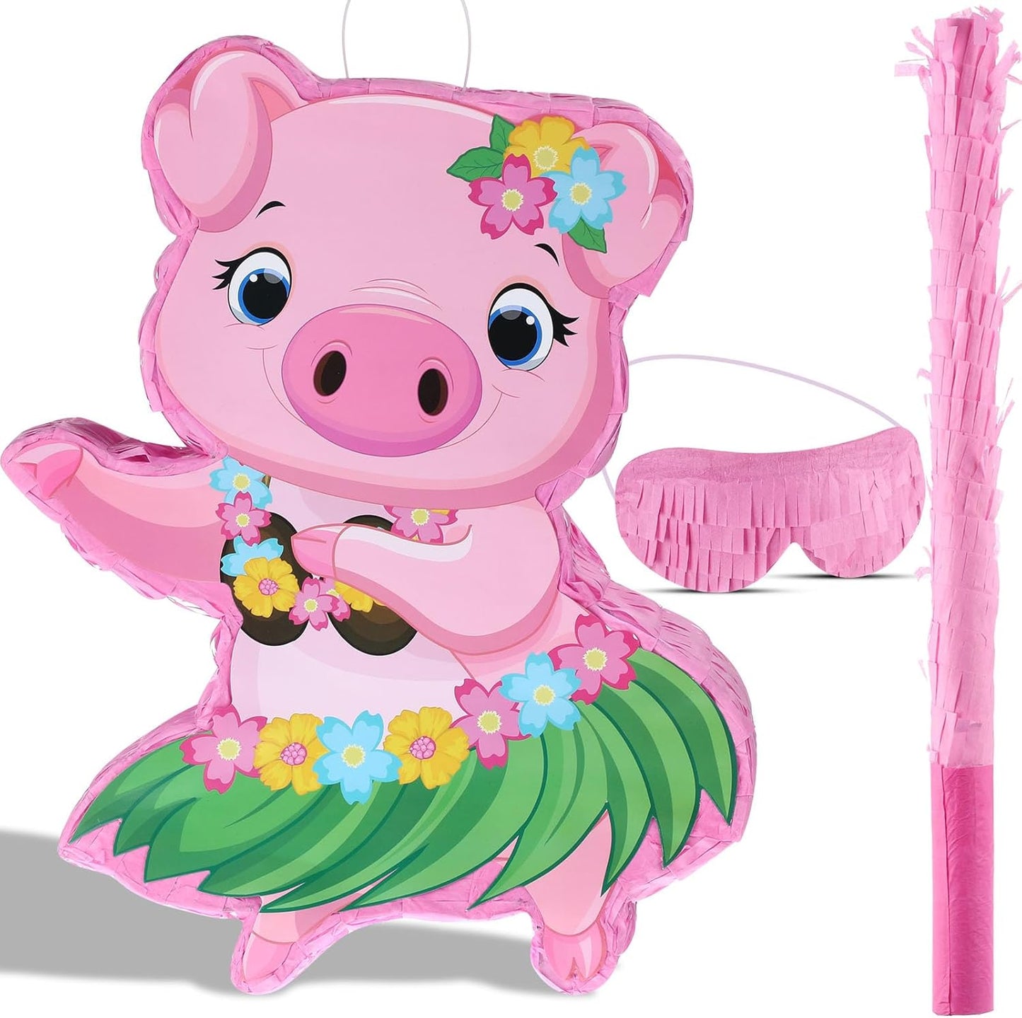 Threan Small Tiki Tropical Hawaii Piñata with Blindfold Bat Aloha Luau Piñata for Hawaiian Luau Themed Party Decoration Summer Birthday Party Supplies, 15.7 x 3.1 x 12.2 Inch