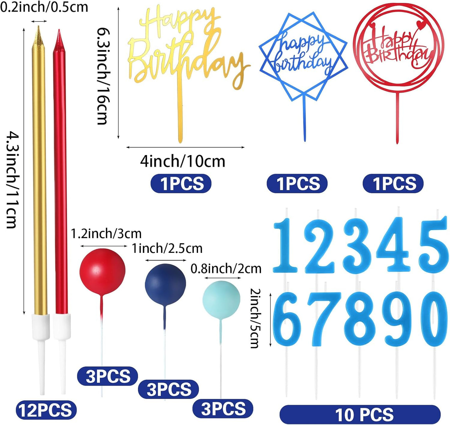 Yerliker 34 Pcs Happy Birthday Cake Toppers Decorations Birthday Candles DIY Cake Decor for Men Women Wedding Anniversary(Gold)