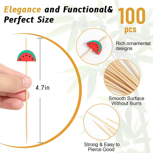 100PCS 4.7 Inch Fancy Cocktail Picks, Decorative Bamboo Appetizer Toothpicks with Mixed Shapes, Food Skewers for Appetizers, Drinks, Party, Fruit, Charcuterie Boards Accessories