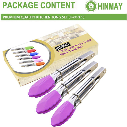 HINMAY Small Tongs with Silicone Tips 7-Inch Mini Serving Tongs, Set of 6 (Green Red Blue Purple Pink Orange)
