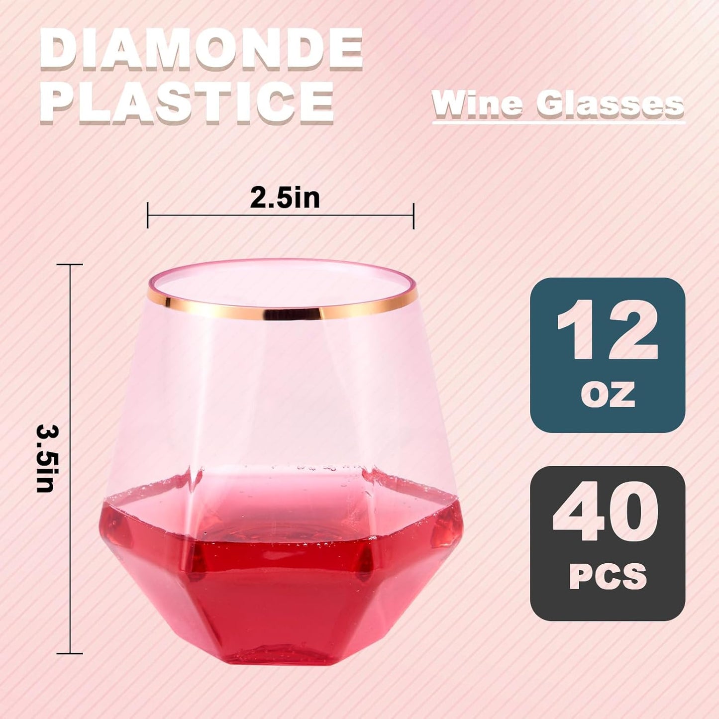 Goodluck 40 PCS Diamond Stemless Plastic Wine Whiskey Glasses, 12 Oz Disposable Cocktail Glasses, Suitable for Weddings, Birthday Parties, Family Gatherings, Bars, etc （Gold rimmed cups）