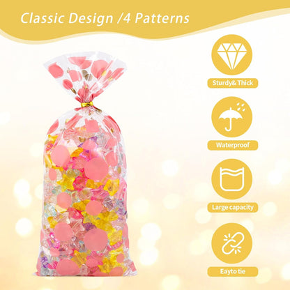 100 Pcs Star Printed 5"X 7" Gift Wrap Cello Cellophane Treat Bags Party Favor bags Clear Candy Cookie Bag Plastic Poly Goodie Storage Bag with Twist Ties for Bakery,Birthday, Wedding ,Party Decorations (Gold)