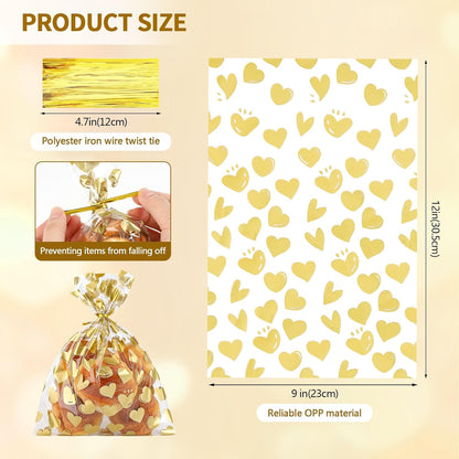 100 Pcs Star Printed 5"X 7" Gift Wrap Cello Cellophane Treat Bags Party Favor bags Clear Candy Cookie Bag Plastic Poly Goodie Storage Bag with Twist Ties for Bakery,Birthday, Wedding ,Party Decorations (Gold)