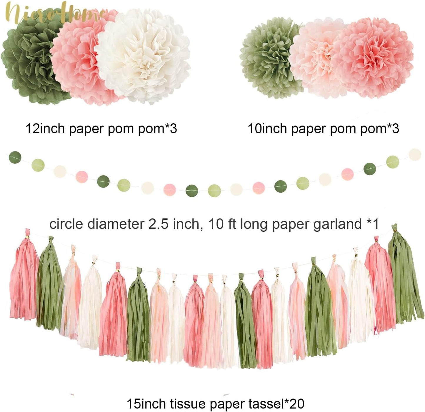 NICROHOME EUR Boho Wedding Decorations, 28PCS Rustic Neutral Creamy White Tissue Paper Pom Poms Tassel, Dots Paper Garland Decor Packages for Baby Shower Birthday Bridal Shower Party Table