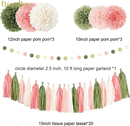 NICROHOME EUR Boho Wedding Decorations, 28PCS Rustic Neutral Creamy White Tissue Paper Pom Poms Tassel, Dots Paper Garland Decor Packages for Baby Shower Birthday Bridal Shower Party Table