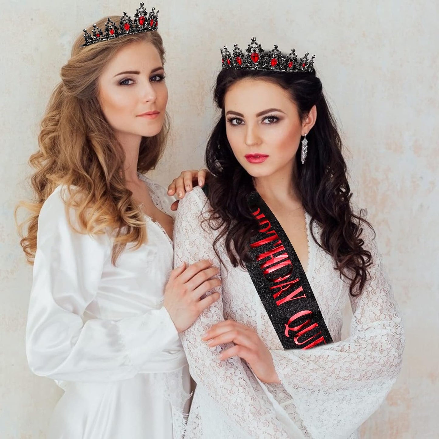 CAVETEE Red Black Birthday Crown and Sash for Women Sash & Rhinestone Tiara Set Red and Black Party Decorations Birthday Queen Crowns Tiaras for Women