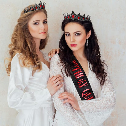 CAVETEE Red Black Birthday Crown and Sash for Women Sash & Rhinestone Tiara Set Red and Black Party Decorations Birthday Queen Crowns Tiaras for Women