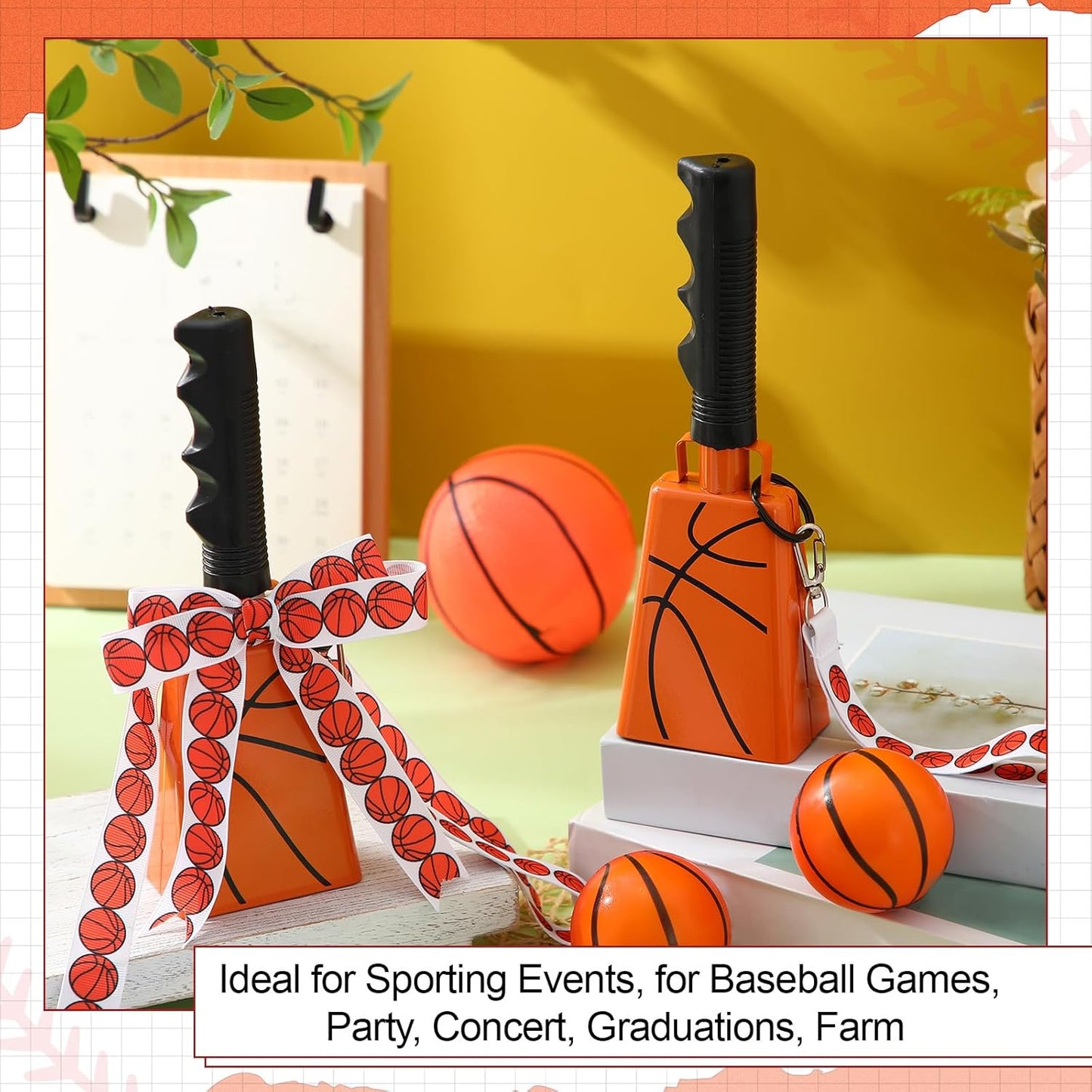 Relaxweex 2 Pack Cow Bells with Handle & Wrist Strap Ribbon Bows Loud Cowbell Noise Makers for Sporting Events, Games, Cheer, Graduations, Team(Baseball)