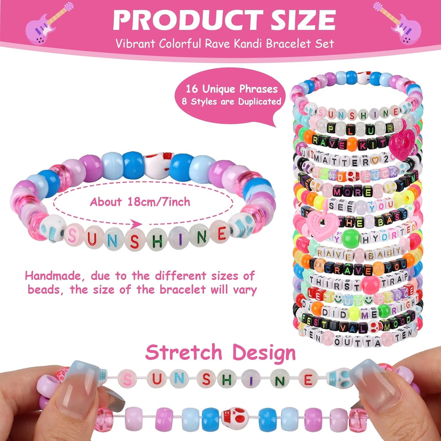 16/24/32Pcs Rave Music Bracelets Set Glow In The Dark EDM Music Stretch Bracelets Multicolor Rave Party Favor for Women Men EDM Party Music Festival