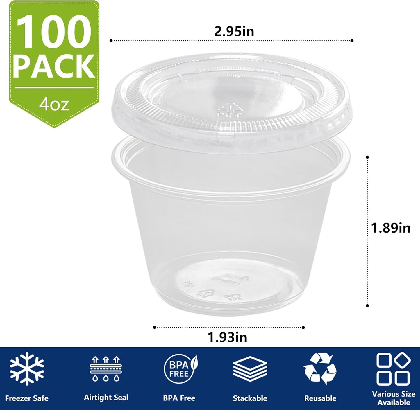 2oz Crystal Jello Shot Cups with Lids 100 Set, Leakproof & Freezer Safe Small Meal Prep Plastic Portion Cups for Salad Dessert Condiment Sauce Souffle, Food Storage Cups for Lunch Party Trips
