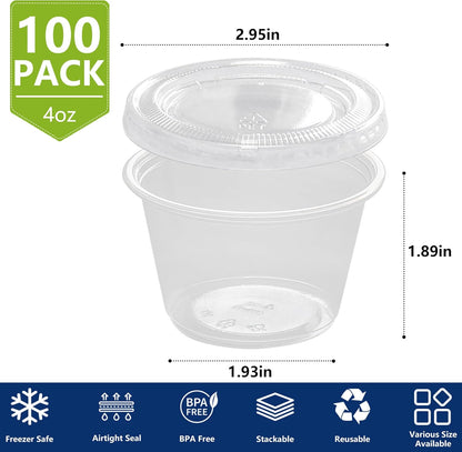 2oz Crystal Jello Shot Cups with Lids 100 Set, Leakproof & Freezer Safe Small Meal Prep Plastic Portion Cups for Salad Dessert Condiment Sauce Souffle, Food Storage Cups for Lunch Party Trips