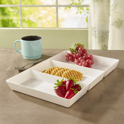 US Acrylic Avant White Plastic Divided Serving Trays (Set of 4) 15” x 5” | Narrow Reusable 3-Section Party Platters | Serve Appetizers, Fruit, Veggies, & Desserts | BPA-Free & Made in USA