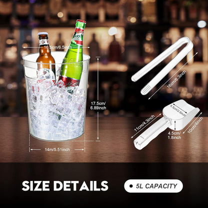 Rtteri 6 Set Plastic Ice Buckets for Parties with Handle, Scoop, Serving Tongs, Large Clear Ice Bucket Round Chiller Beverage Tubs Drink Bottle Cooler for Champagne Beer Wine(4 L)