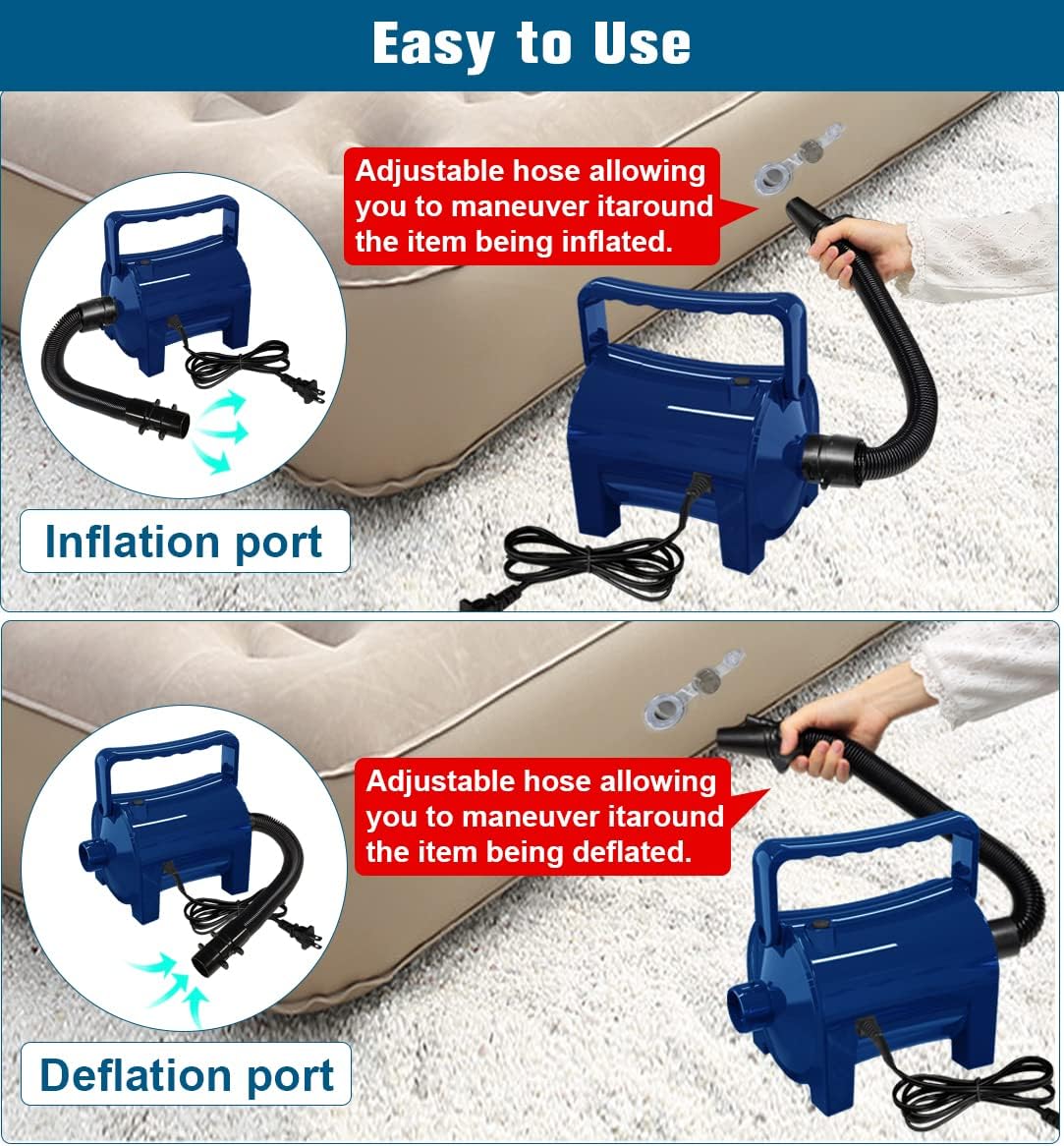 Artigarden Electric Air Pump Portable 460W Quick-Fill Air Pump Air Flow 45CFM 2.1PSI with Hose 5 Nozzles 120V AC Inflator Deflator Pump for Air Mattress Air Bed Inflatable Cushion Boat Swimming Ring