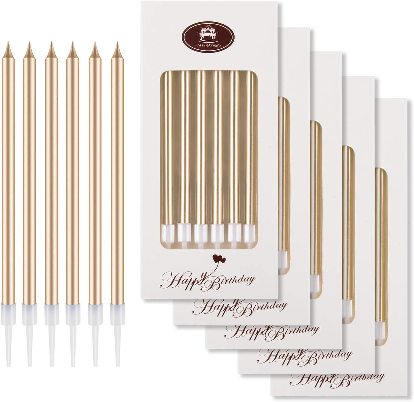 BEAN LIEVE 24-Count Birthday Candles - Long Thin Cake Candles Slow Burning Candles for Birthday, Wedding, Lucky Party Decoration (Champagne Gold)